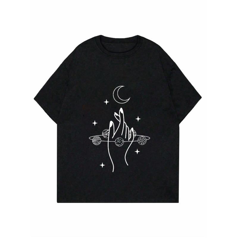 Women Loose T Shirt Black Cosmic Moon Stars Planets And Arabic Calligraphy Print Casual Everyday Wear Top