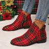 Christmas Style Chunky Low Heeled Ankle Boots - Women's Plaid Side Zipper Short Boots