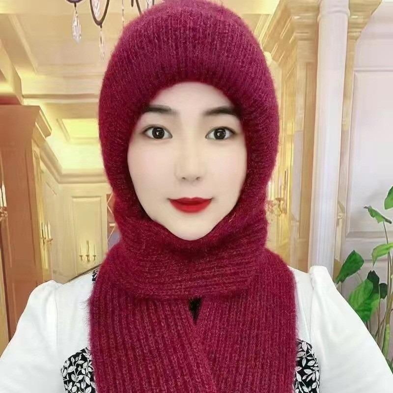 Hat Autumn and Winter Women's Cold-proof Hat, Scarf Integrated Middle-aged Mother Hat, Warm Hat, Ear Protection, Wind and Cold Wind and Snow Hat