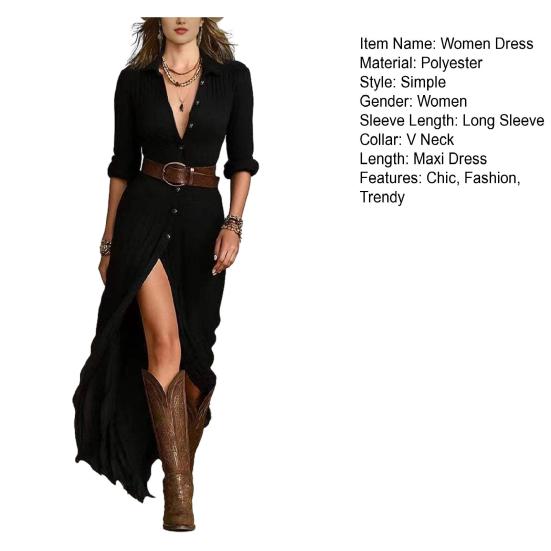 Women's Boho Maxi Dress with Belt Button Down Deep V Neck
