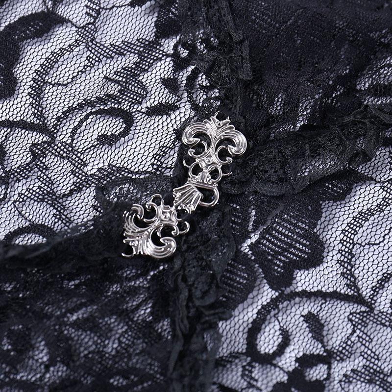 Women's Black Lace Bell Sleeve Halloween Top - Elegant Stand-up Collar