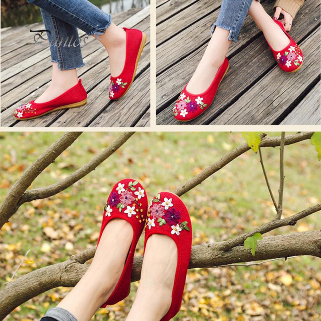 Vintage bestickte Damen-Flats, Blumen-Slipper, runde Zehenschuhe, Slipper, Ballerinas