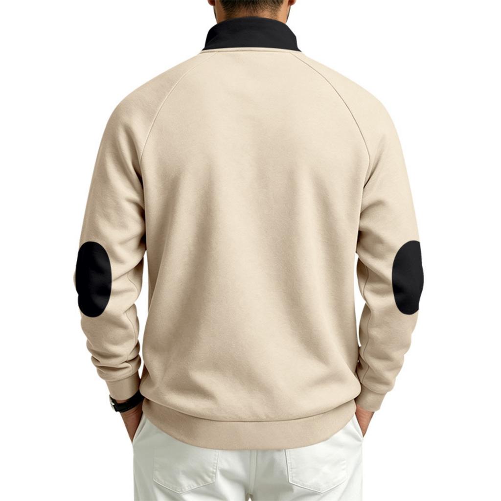 Men's Casual Half-Zip Sweatshirt with Color Block Patches and Stand Collar for Fall Winter