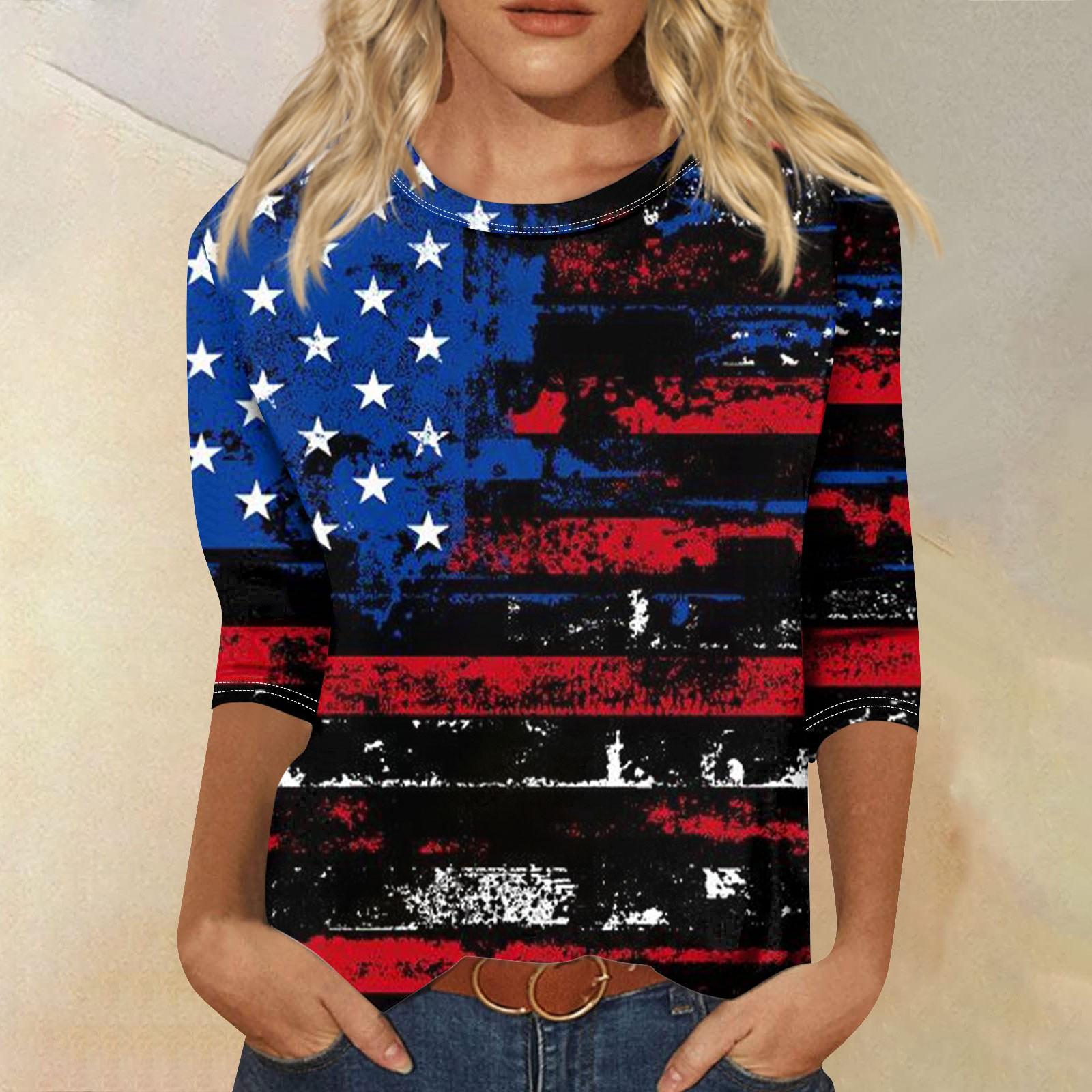 

Женский модный повседневный топ с круглым вырезом и принтом в стиле ретро с семью рукавами в стиле ретро ко Дню независимости XL чёрный
