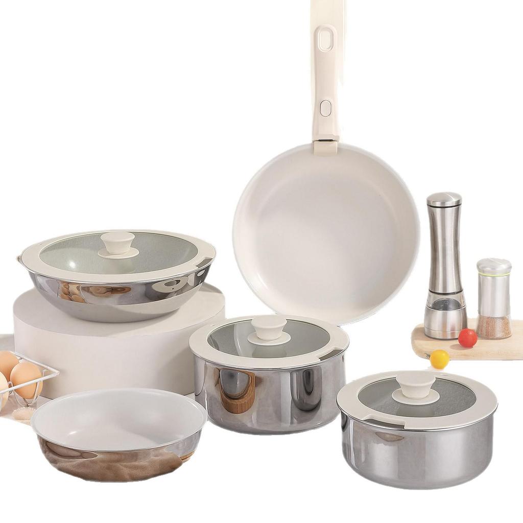 304 Stainless Steel Cookware Set: Non-Stick Maifan Stone Wok, Flat Frying Pan & Stockpot with Removable Handle