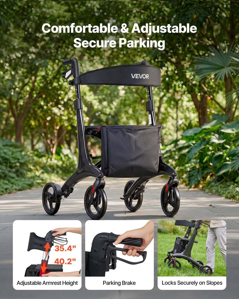 Rollator Walker with Seat for Seniors, Foldable Lightweight Rolling Walker, Carbon Fiber Mobility Walking Aid with 8" Solid PVC Wheels and Adjustable