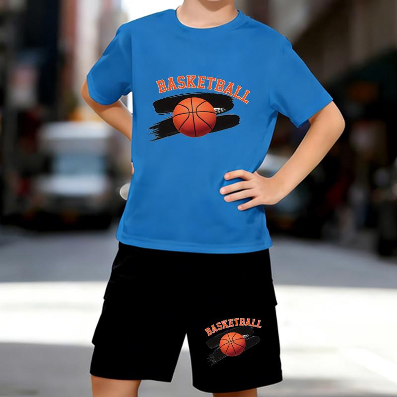 Boys 2 Piece Basketball Themed Printed Outfit, Short Sleeve T-Shirt and Shorts Set for Kids Age 5-14, White Sporty Casual Summer Clothes