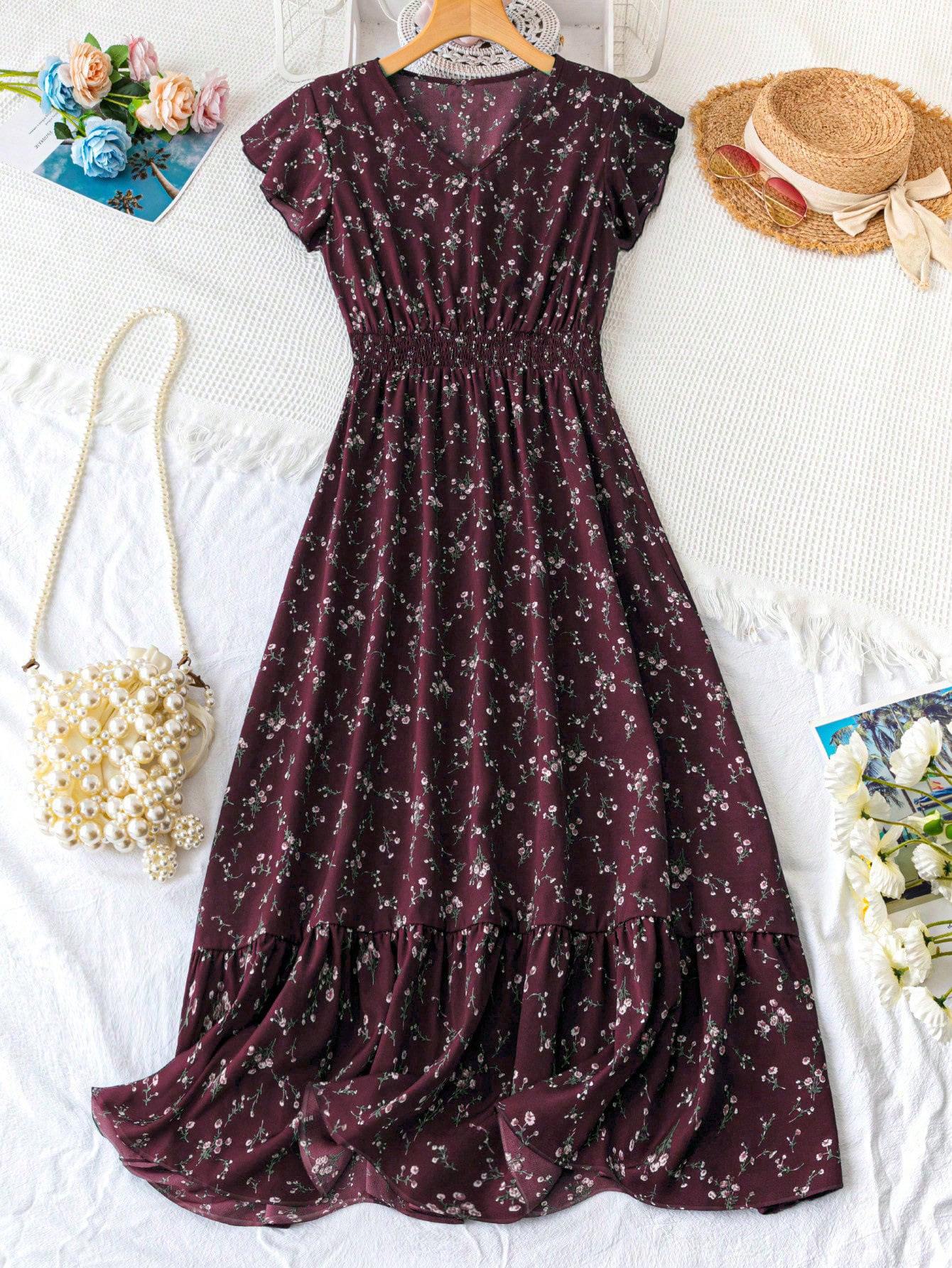 

Элегантное цветочное платье А-силуэта с V-образным вырезом, сборками на спине и короткими рукавами Double Extra Large темно-красного