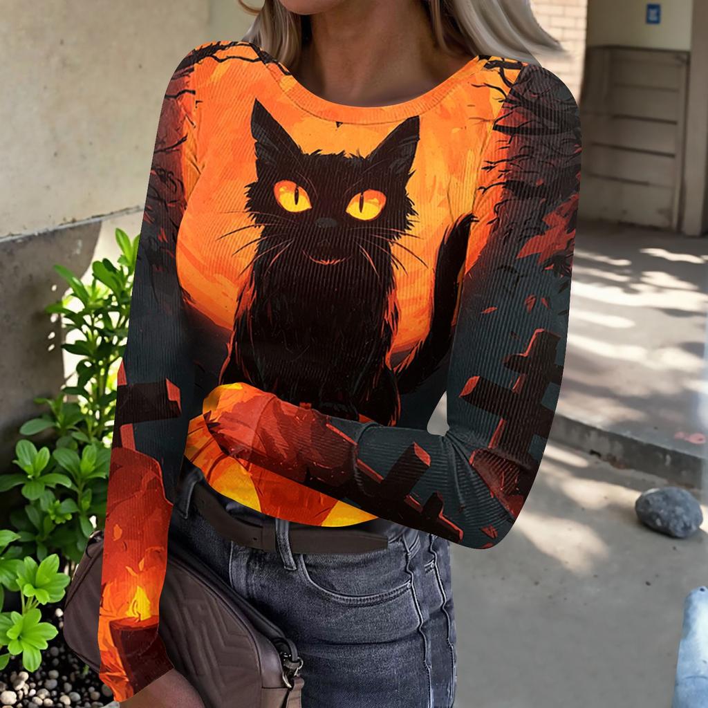 Women's Casual Ribbed Long Sleeve Top Halloween Print Round Neck Slim Fit Stretchy Knit Shirt for Fall Seasonal Wear