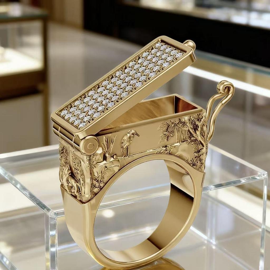 Retro Gold gravierter Klappring für Herren mit vollen Diamanten - Luxusschmuck