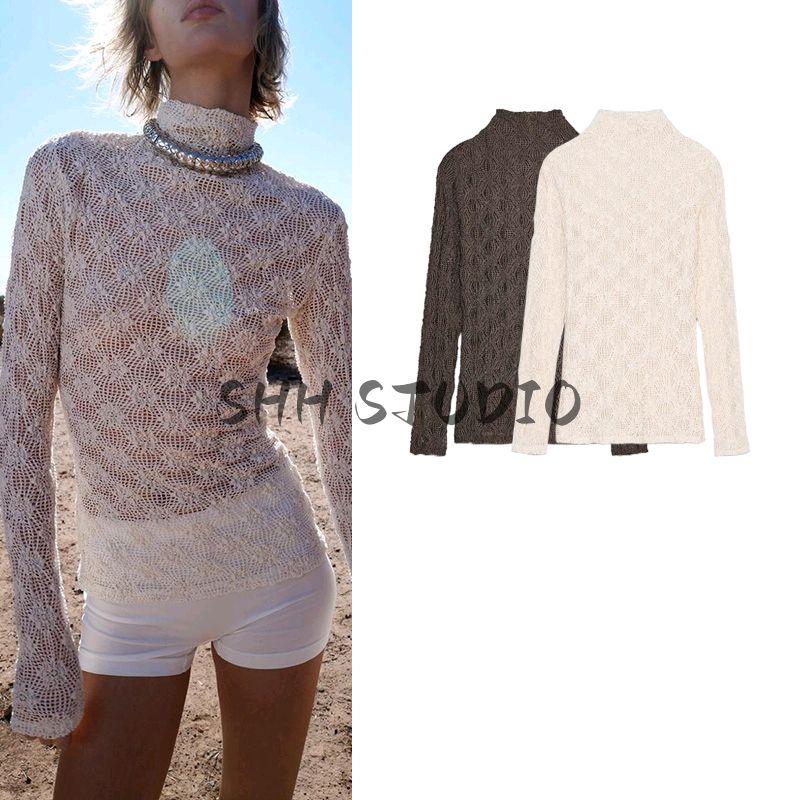 Spring New Women's Clothing French Style Design Pure Color Lace Long Sleeves Turtleneck Basic Style Tops 4886002