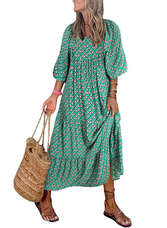 2023 Autumn New Independent Station Hot-selling Geometric Printing Bubble Sleeve Dress Street Fried Street Large Size Women's Clothing