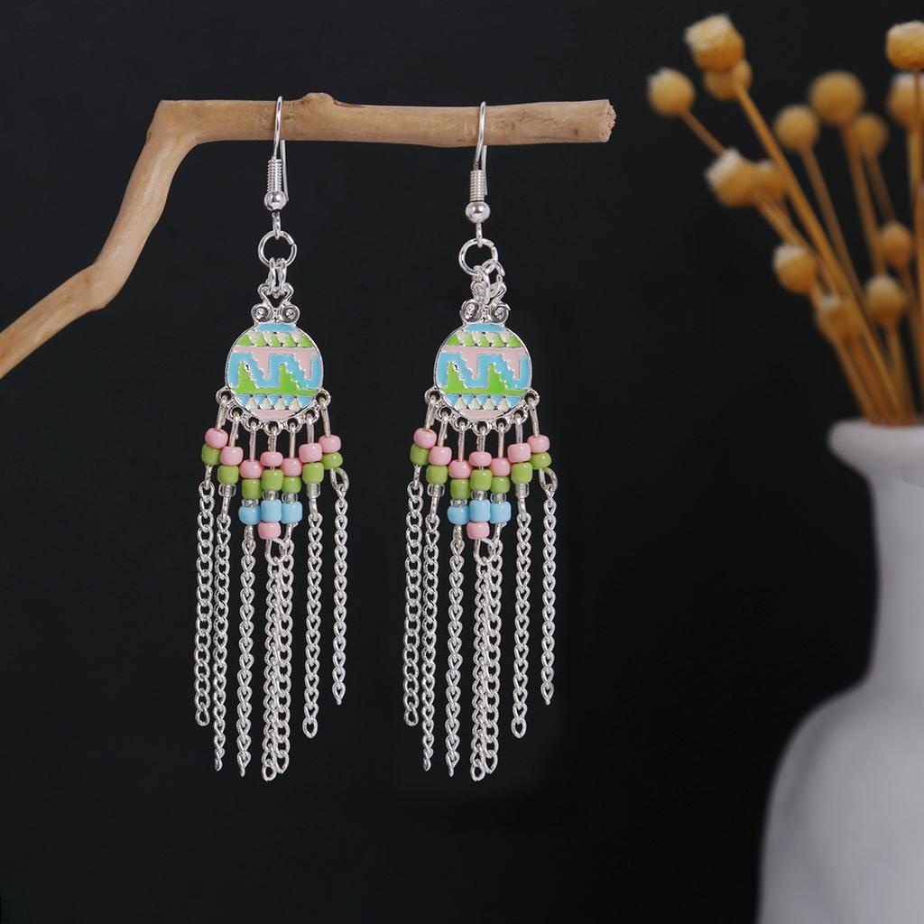 Turquoise Earrings, Bohemian Palm Owl Bronze Engraved Geometric Dream Catcher Feathers Fringed Earrings