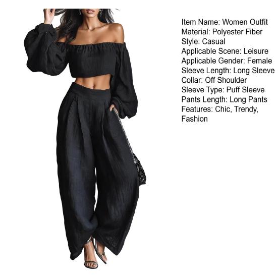 Two Piece Sets for Women Long Sleeve Off Shoulder Crop Top Wide Leg Pants Set Summer Vacation Going Out Outfits