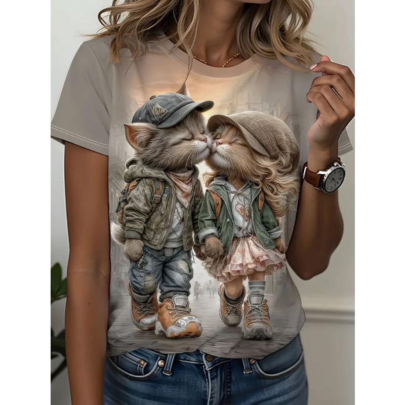 Fashion Women's Animal Short Sleeve 3D Animal Color Printing Crew Neck Short Sleeve Crew Neck T-Shirt