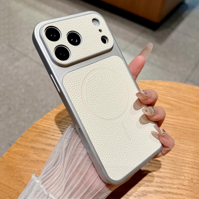 

Luxury Lychee Pattern Leather Case For iPhone 17 16 15 14 13 Pro Max 16Pro Magsafe Wireless Charge Cover For iPhone 13 покинуть белый
