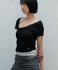 CHICKS Diagonal Button Off-Shoulder Slim Short Sleeve Black