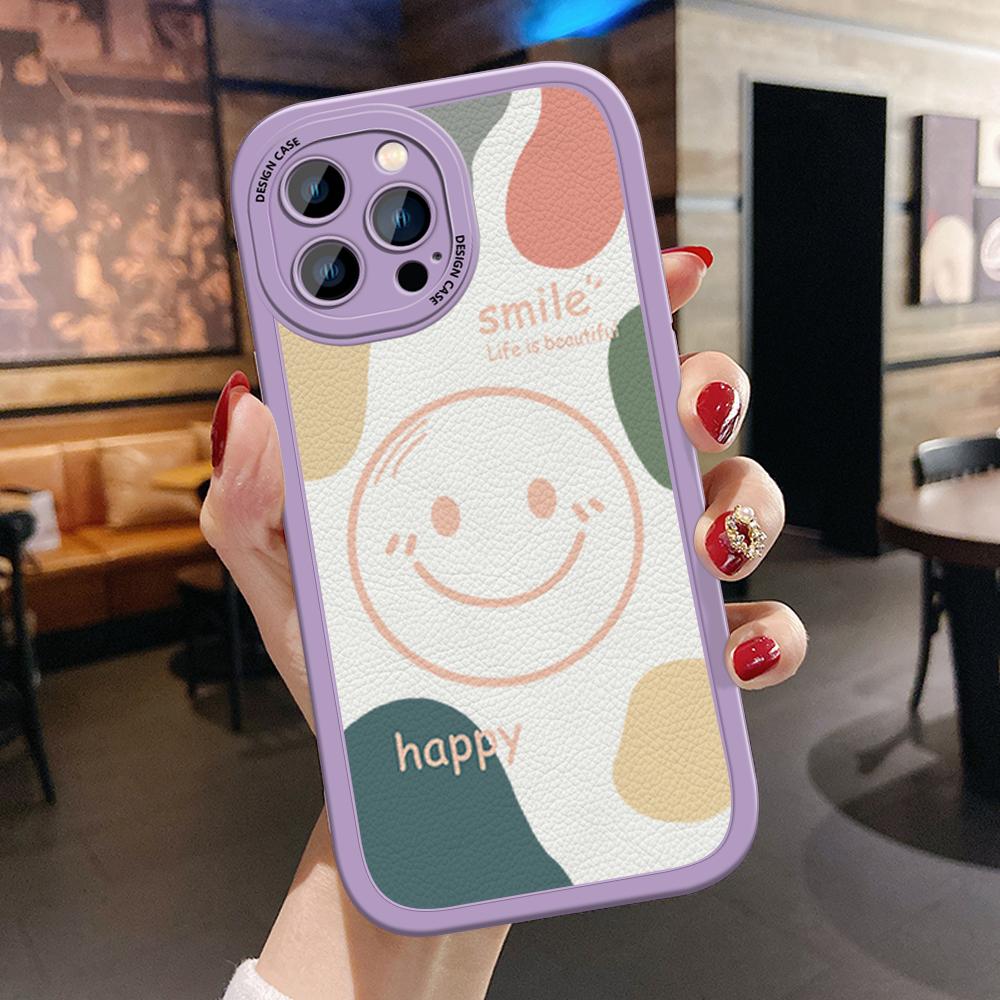 Slim Skin Feeling Cartoon Happy Smile Soft Silicone PU Leather Cover Phone Case for iPhone Samsung Huawei Honor Xiaomi Redmi OPPO Realme Vivo