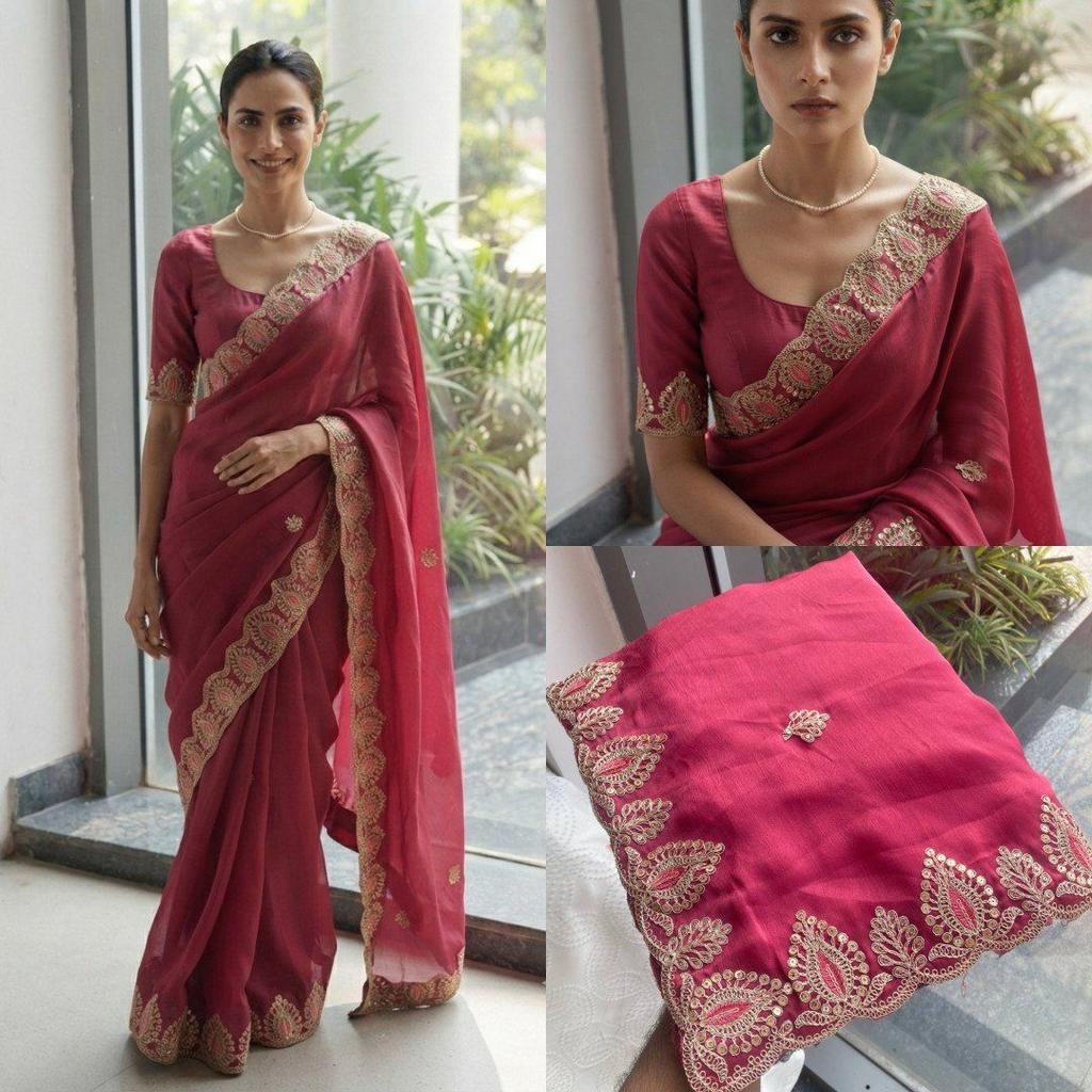 New Launch – Premium Satin Chiffon Embroidered Party Wear Saree