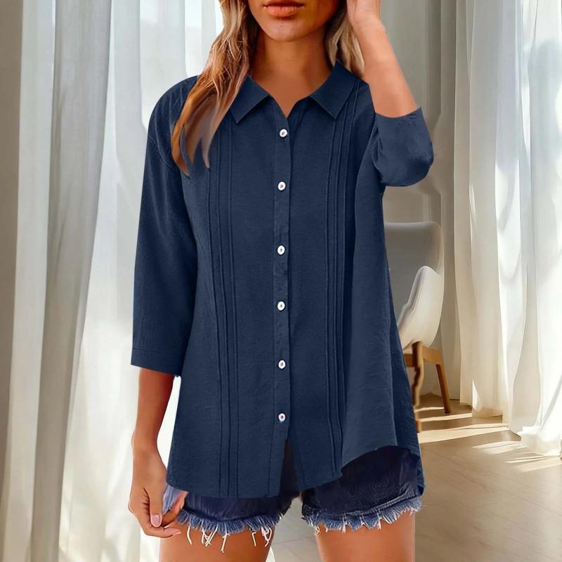 Summer New Women's Casual Tops Three-quarter Sleeve Solid Color Lapel Cotton and Linen Loose Shirt