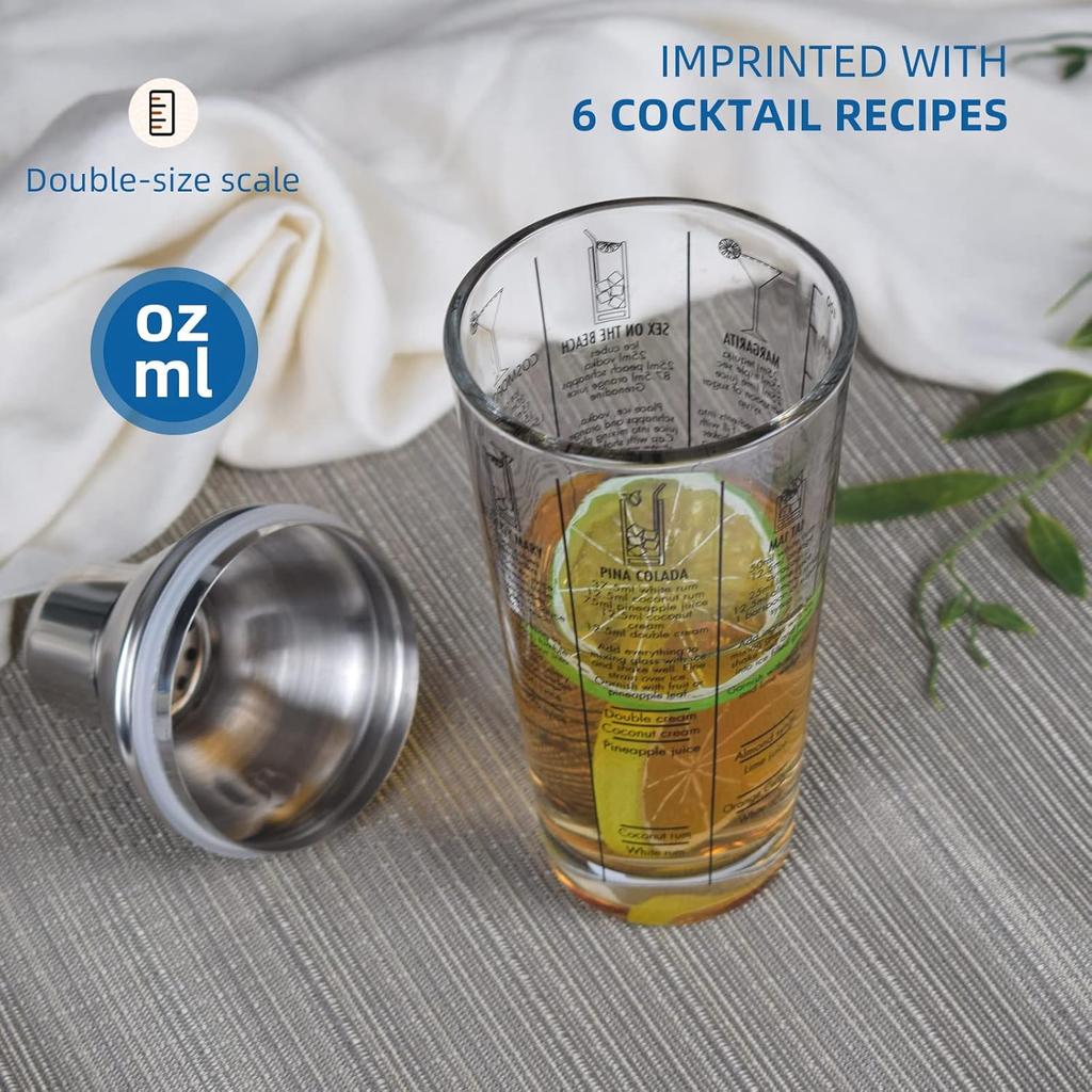 Cocktail Shaker Set14 Oz Glass Mixing Cup With Measurements Stainless Steel Martini Mixer Muddler Jigger Spoon 4 Piece Bar Tool Kit