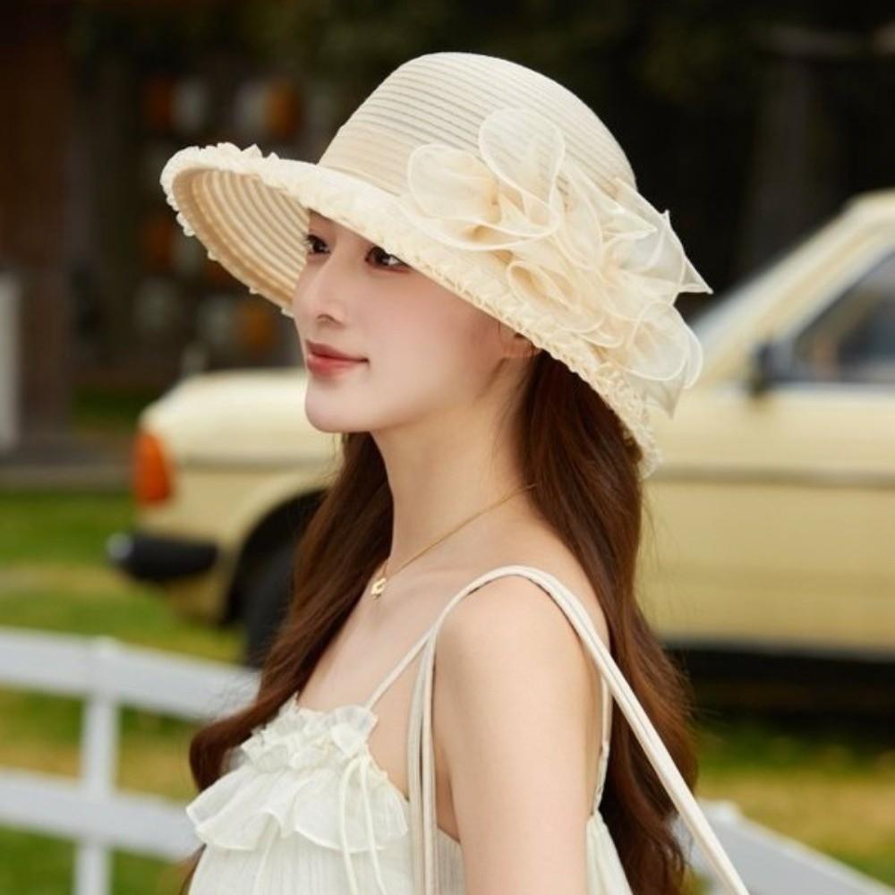 Fashion Organza Women'S Sun Hat Summer Uv Resistant Bucket Hat Floral Design Large Brim Basin Hat Outings Cool Hat