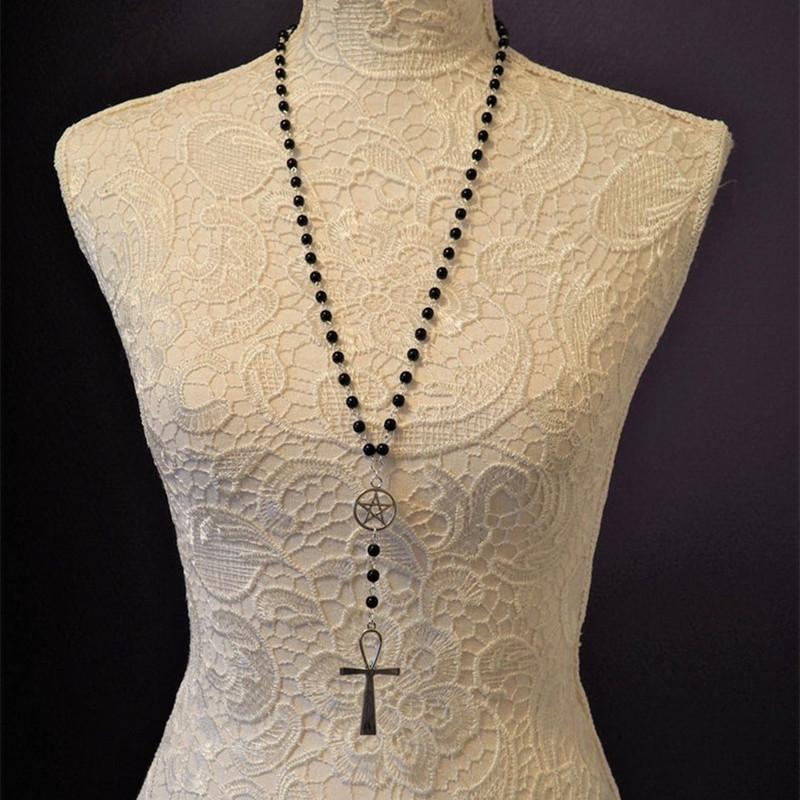 Retro Black Bead Cross Pendant Necklace - Punk Layered Dark Choker