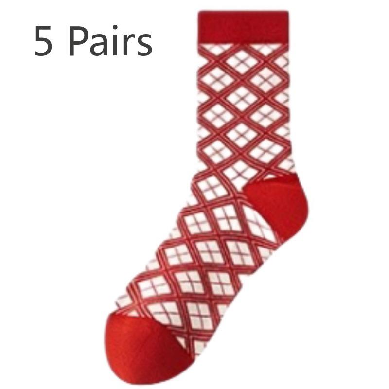 5 Pairs of Women's Autumn and Winter Pure Cotton Wedding New Year Boneless Red Socks