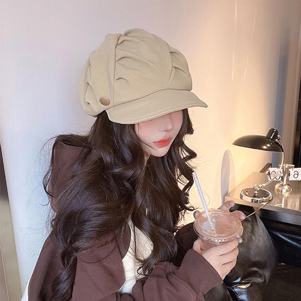 Women Cloud Pleated Newsboy Cap, Adjustable 55-59CM Octagonal Beret Hat, Large Head Circumference Visor Hat, Face Slimming Casual Hat