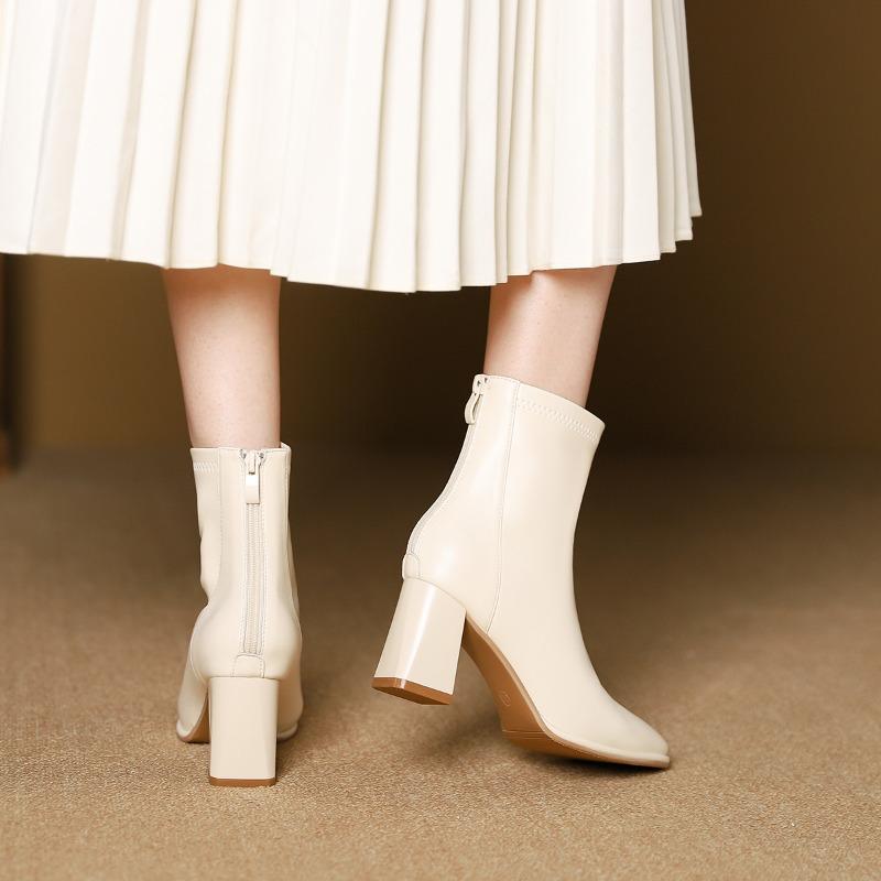 New women's boots high heel square head short boots Martin boots rear zipper short boots spring and autumn single boots women's thick heel boots