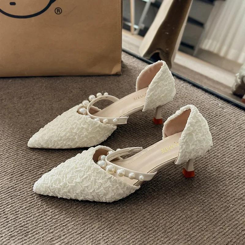 Pleated Pointed Toe Pumps Women Temperament Shallow Mouth Thin Heeled Zapatos Mujer Spring Solid Fashion Pearl Tacones Mujer