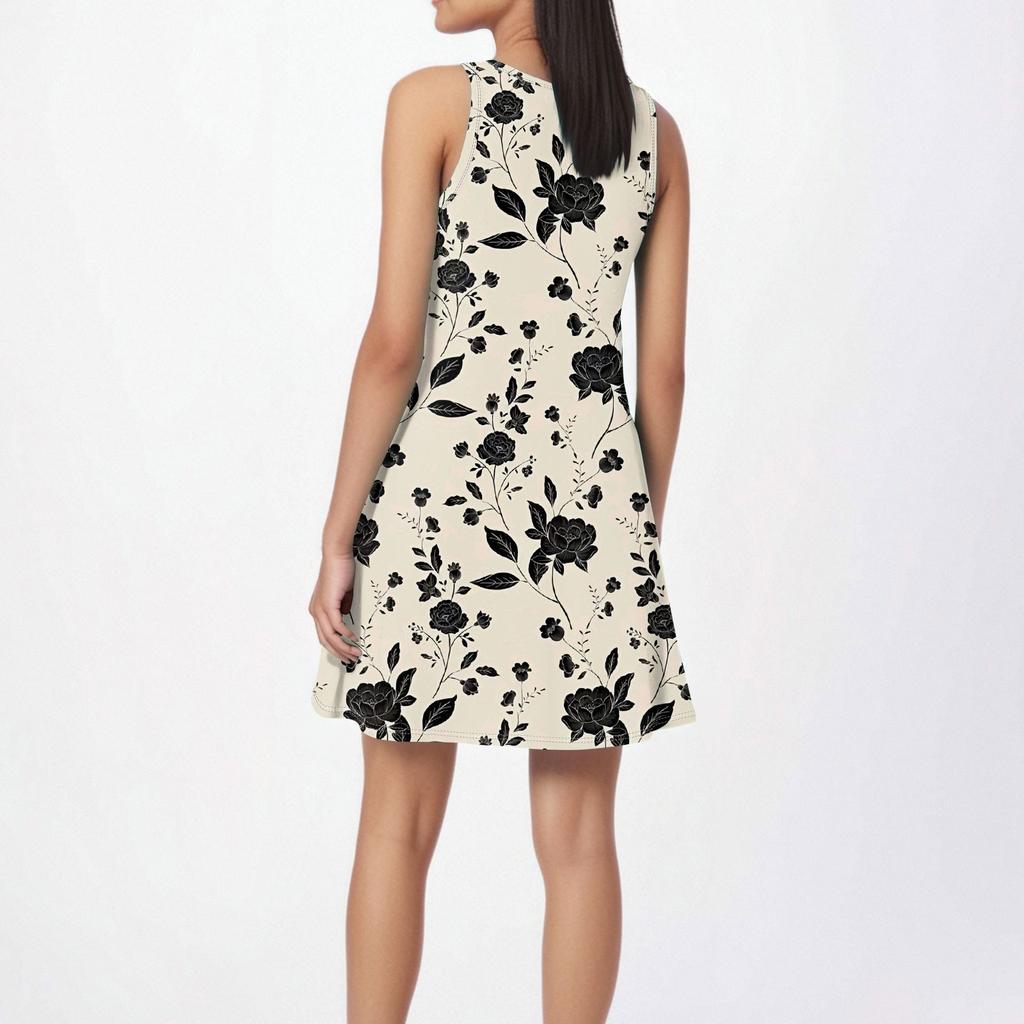 Women's Fashion Beach Dress Sleeveless Round Neck Floral Print Dress