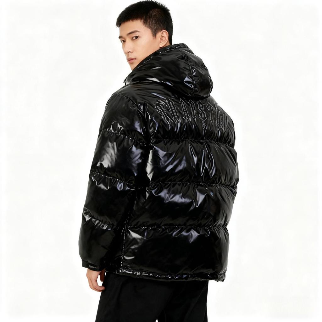 Trapstar Glänzende Schwarze PU-Lederjacke mit Abnehmbarer Kapuze - Verdickte Baumwoll-Paar-Oberbekleidung Auf Lager