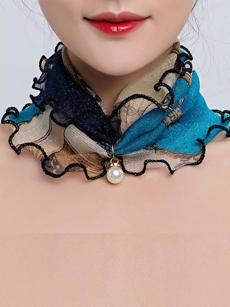 Women Gold Silk Ruffle Ring Scarf Fake Pearl Pendant Fashion Chiffon Neck Collar Thin Anti-UV  Neckerchief Hair Bandana Headban