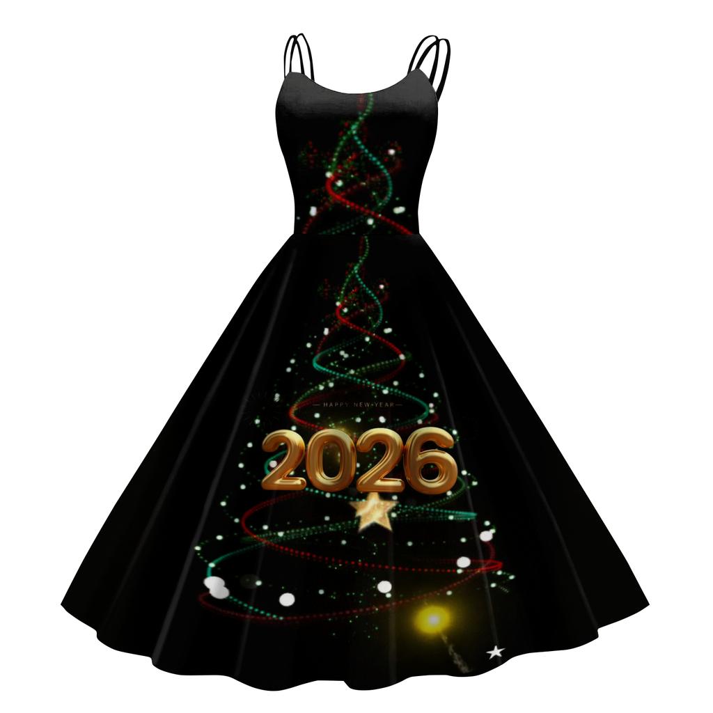 Dámské Novoroční Tištěné Ležérní Módní Midi Šaty s Kulatým Výstřihem