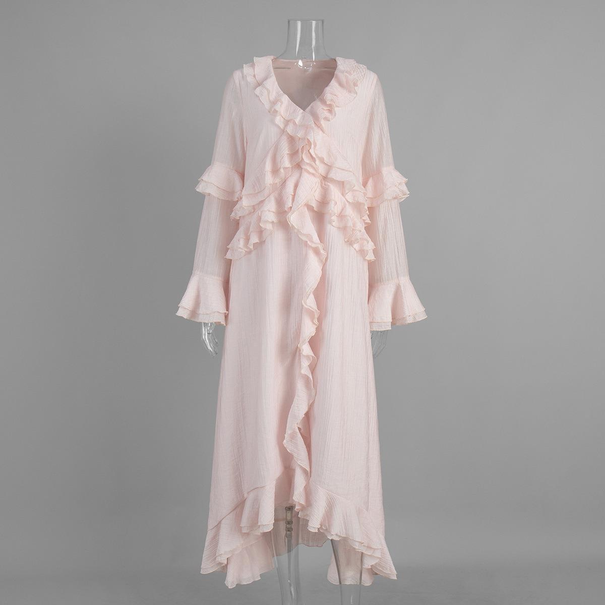 Summer New Arrival Women s Long Dress, European American Style Irregular V-neck Ruffle Split Maxi Dress S розовый