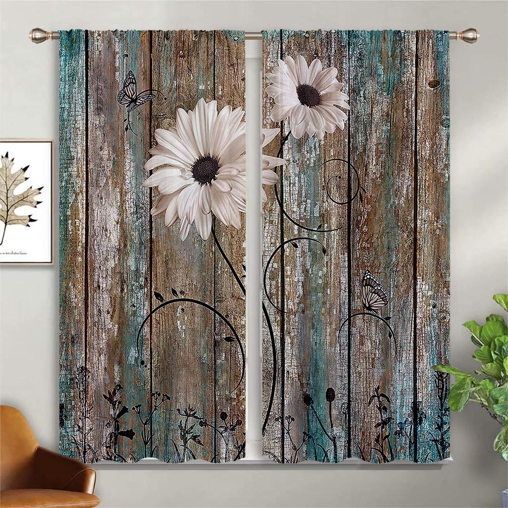 Zasłony w stylu vintage z nadrukiem kwiatowym imitującym słoje drewna z kieszeniami na karnisz do sypialni, salonu, gabinetu, zasłony dekoracyjne, wystrój domu