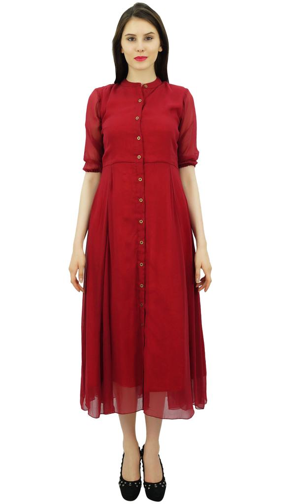 Bimba Women's Georgette Shirt Dress With Front Opening Formal 3 4 Sleeve Chic