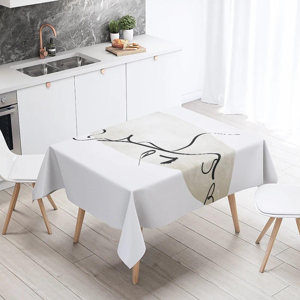 Abstract Minimalist Floral Face Lines Leaves Rectangle Tablecloth Boho  Wedding Decor Restaurant Table Kitchen