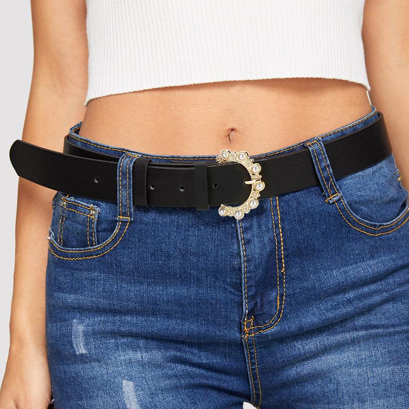Women's Beautiful Sweet Pearl Rhinestone Semi-circular Pin Buckle Flat Versatile Fashionable Women's Belt