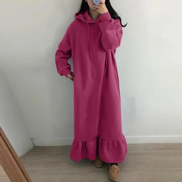 Women's Drawstring Hooded Maxi Sweatshirt Dress Ruffle Hem Pocket Loose Plus Size Fleece Lined Winter Long Dress