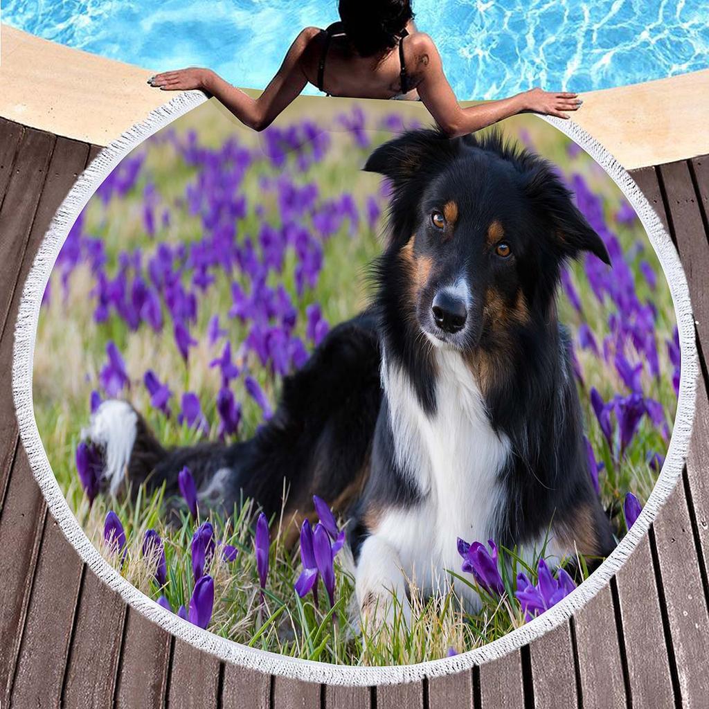 Border Collie Round Beach Towels,Dog Greeting Its Owner Among Flowers Sand Free Absorbent Beach Blanket Bath Towels Picnic Mat