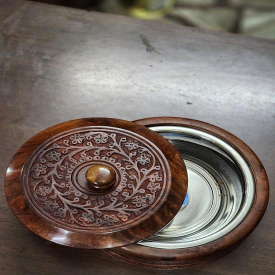 Beautiful Wood Carved Chapati Box India Craft 22.86 Cm