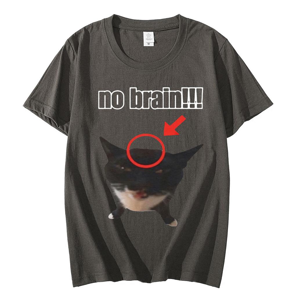No Brain Funny Cat Graphic T Shirts Mens Women Fashion Oversized ONeck Tshirts Casual Comfort Short Sleeve Tshirt Streetwear