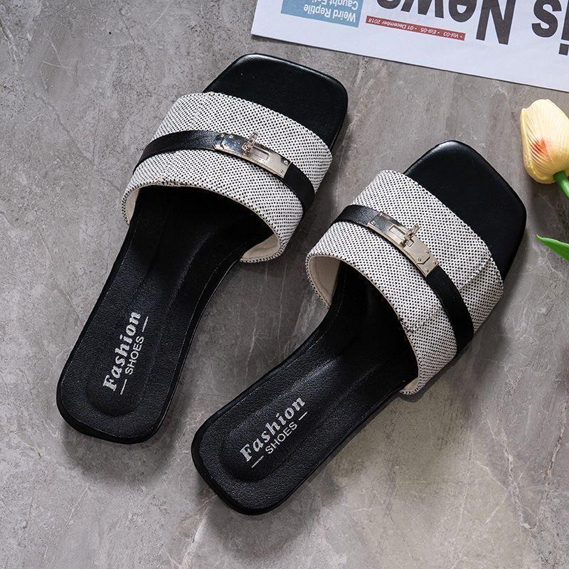 

Французские летние нескользящие женские шлепанцы премиум-класса с квадратным носком и маленькой серебряной пряжкой, повседневные женские полушлепанцы 42