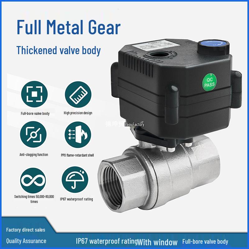 Stainless Steel Mini Electric Two-Way Ball Valve with Sight Glass, Manual-Automatic Integration, Waterproof, Threaded, DC Compatible