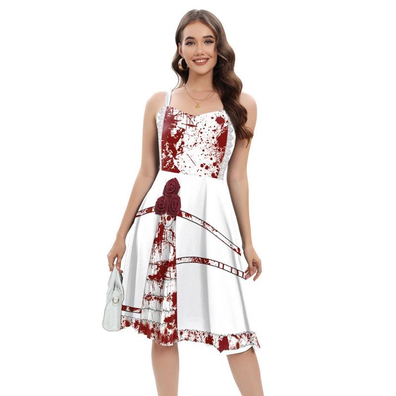 Halloween Blood Stained Horror Middress Summer Women's Suspender Dress Digital Print Thriller Skirt