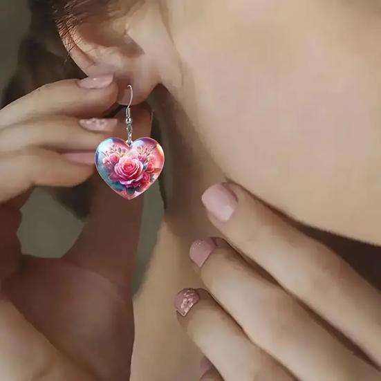 1 Pair Hook Earrings Rose Flower Pattern Heart Shape Charm Drop Earrings Vibrant Color Mother Day Gift Jewelry Accessories