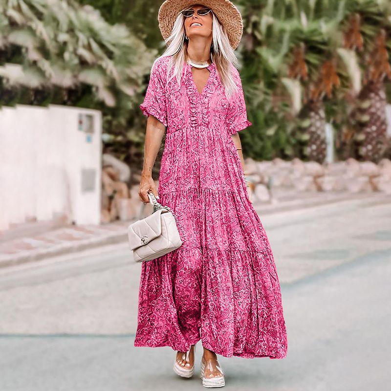 

Summer 2024V Neck Printed Half Sleeve Long Dress for Women Fashion Bohemia Style High Waist Slim Looking Short Sleeve Dress for Women