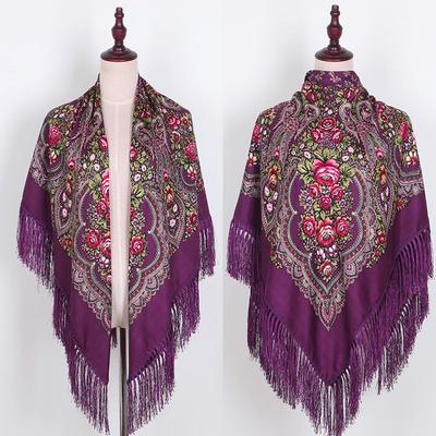 Luxury Floral Print Fringed Shawl 130x130 Cm Large Square Scarf Ethnic Style Scarf  For Women Girls